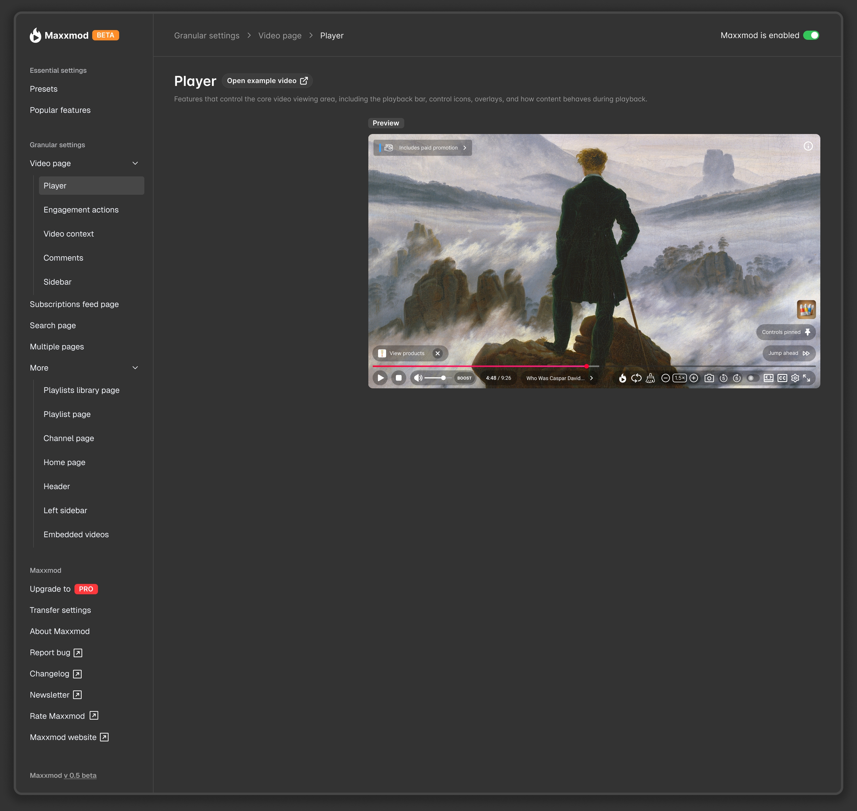 Maxxmod settings admin showing the Player section inside granular settings, with a live preview of a YouTube video player and the full navigation sidebar