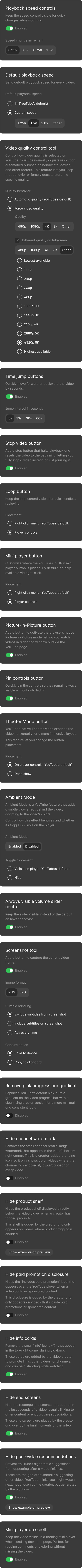 Scrollable list of Player settings in Maxxmod, including toggles, descriptions, and grouped controls for customizing the YouTube player