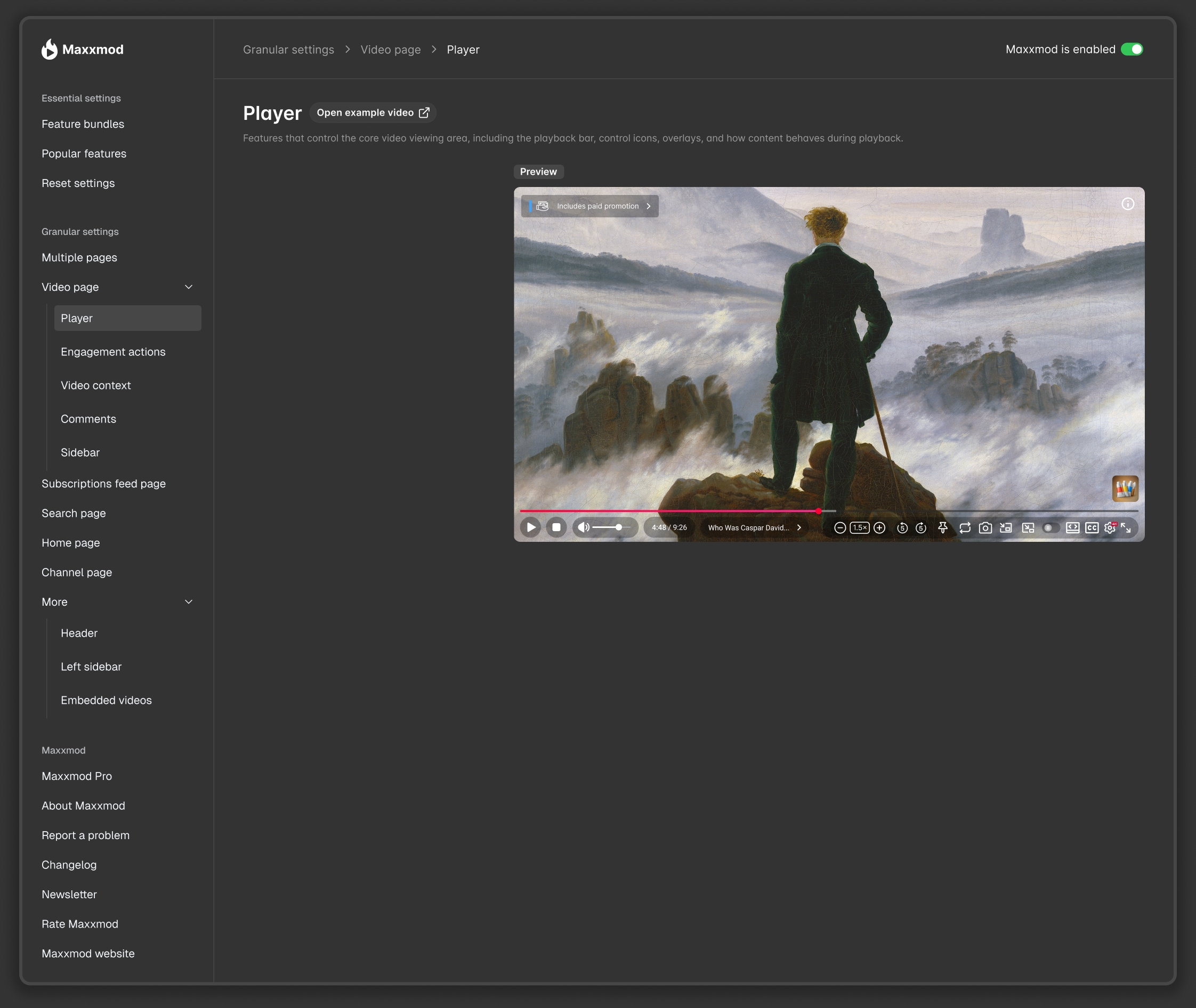 Maxxmod settings admin showing the Player section inside granular settings, with a live preview of a YouTube video player and the full navigation sidebar